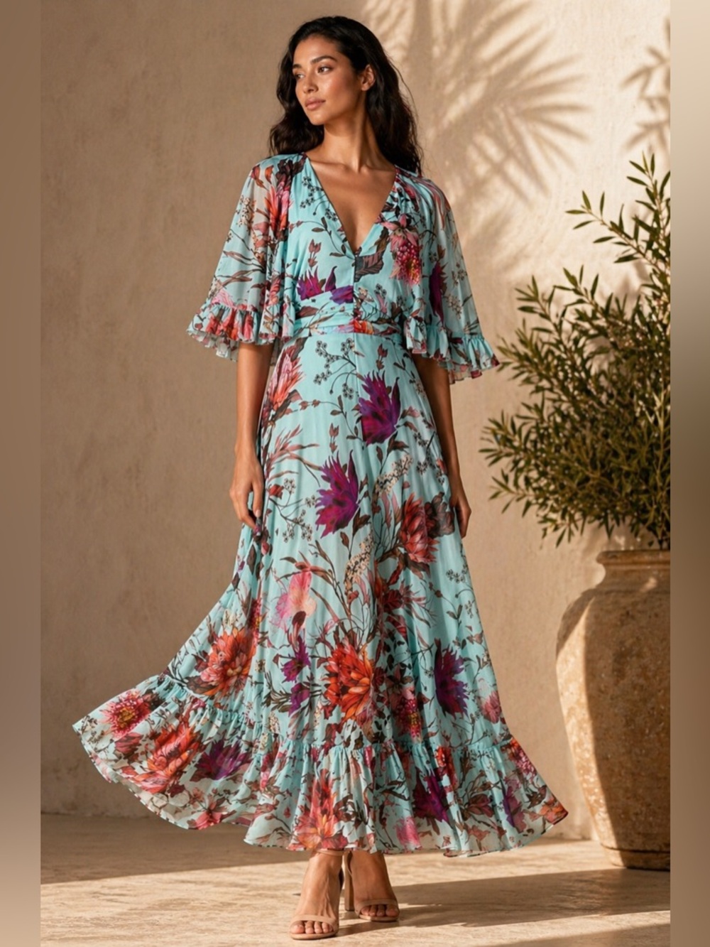 Fuzzi Italy Floral Mesh Maxi Dress Ruffle Sleeve V-Neck Size L